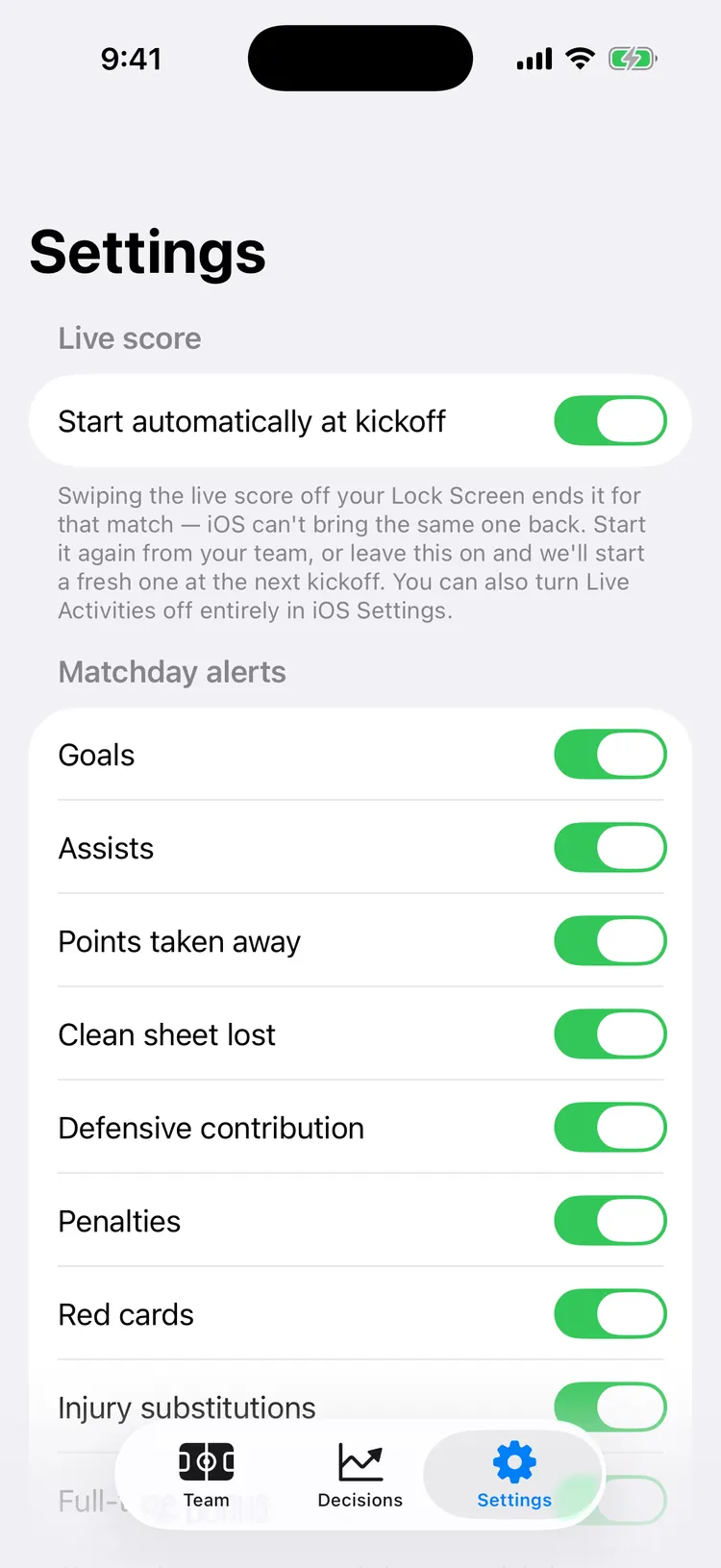 FPL Now settings screen with per-event matchday alert toggles: goals, assists, points taken away, clean sheet lost, defensive contribution, penalties, red cards and injury substitutions, each with its own switch.