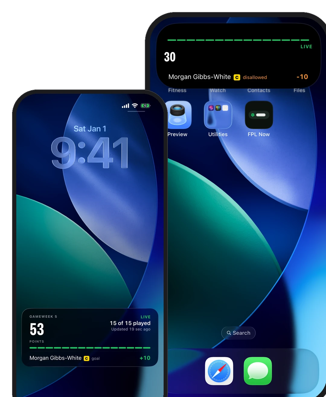 Two iPhones. In front, a Lock Screen with the FPL Now Live Activity: Gameweek 5, 53 points, live, 15 of 15 played, and Morgan Gibbs-White, captain, goal, plus ten. Behind it, the expanded Dynamic Island showing 30 points and Morgan Gibbs-White, captain, disallowed, minus ten.